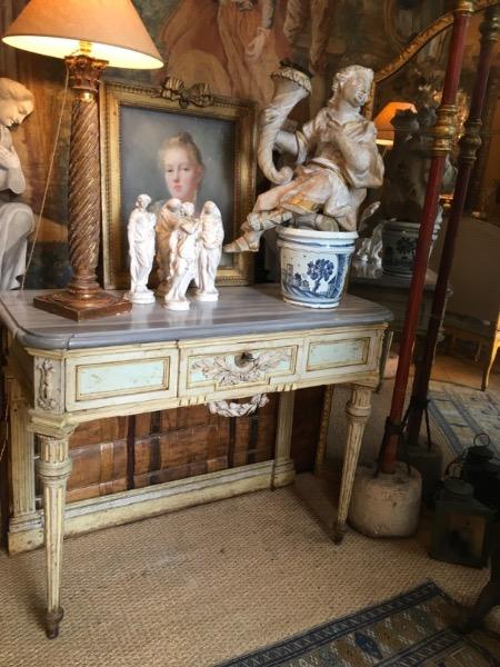 Console italienne ( Piémont ) avec un tiroir en ceinture Louis XVI dessus de marbre Bardiglio imperiale