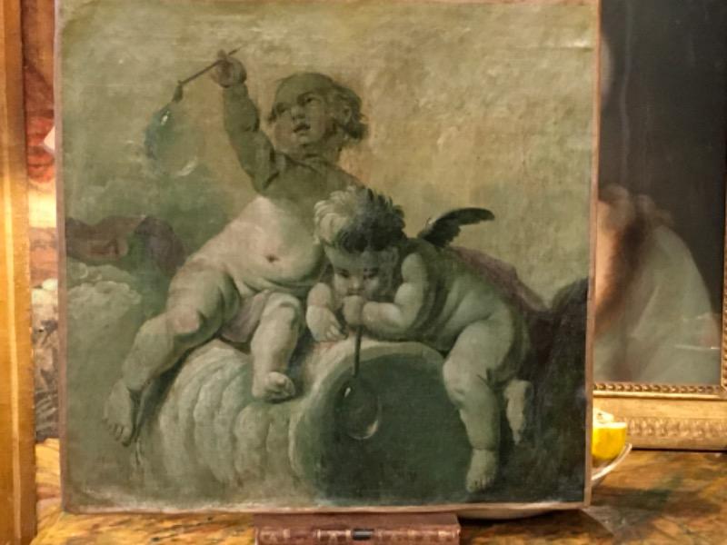 HSToile marouflée sur carton époque 18 ème ( putti )